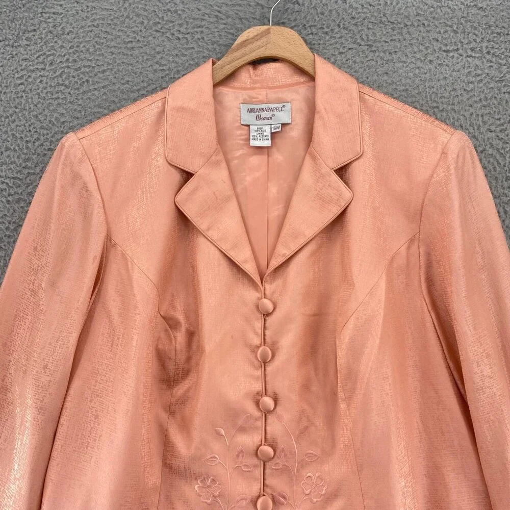 Adrianna Papell Jacket Womens 16W Plus Pink Silk Embroidered Button Up Formal